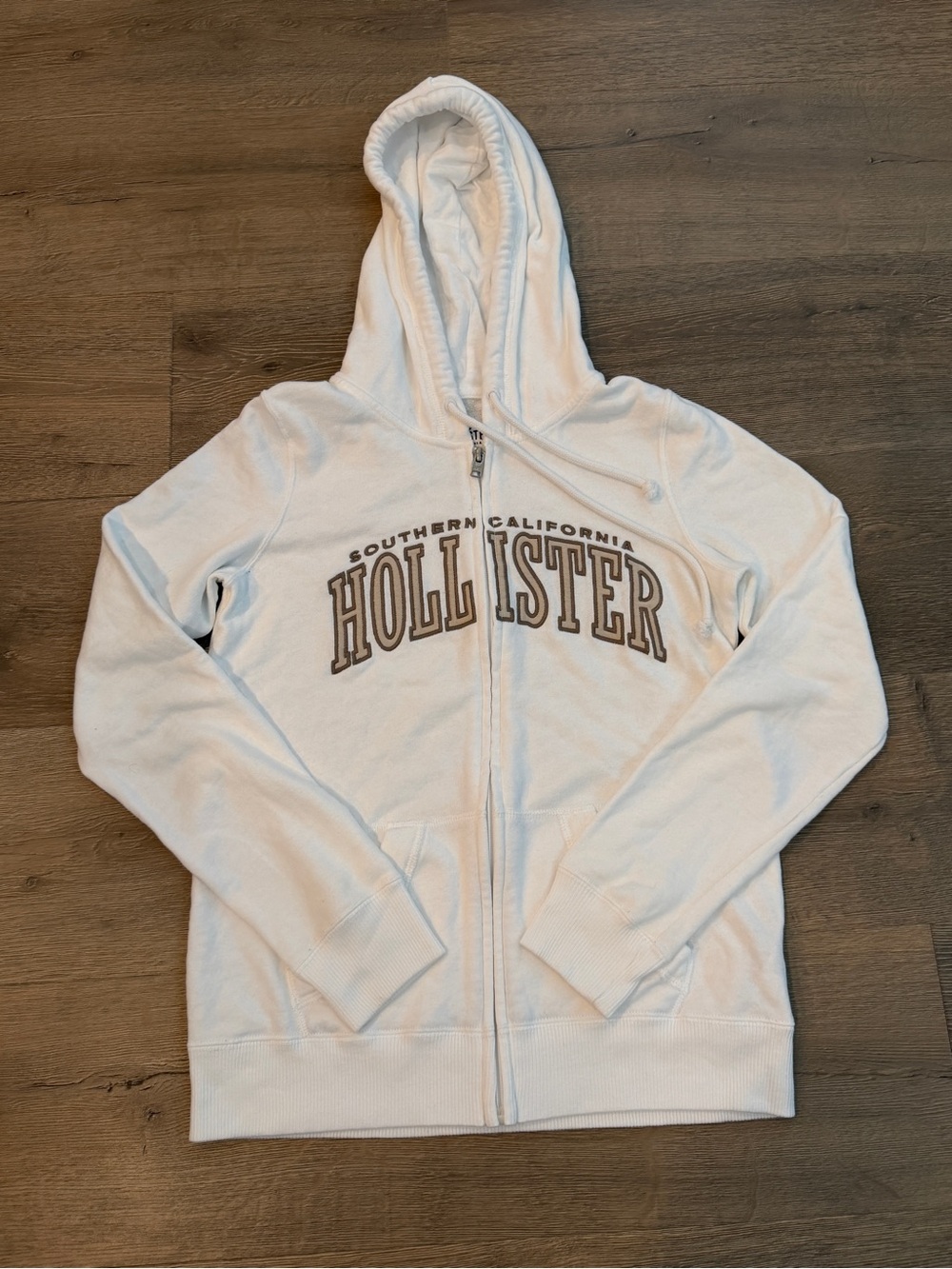 Hollister Zip Hoodie Embroidered White Beige Sweatshirt